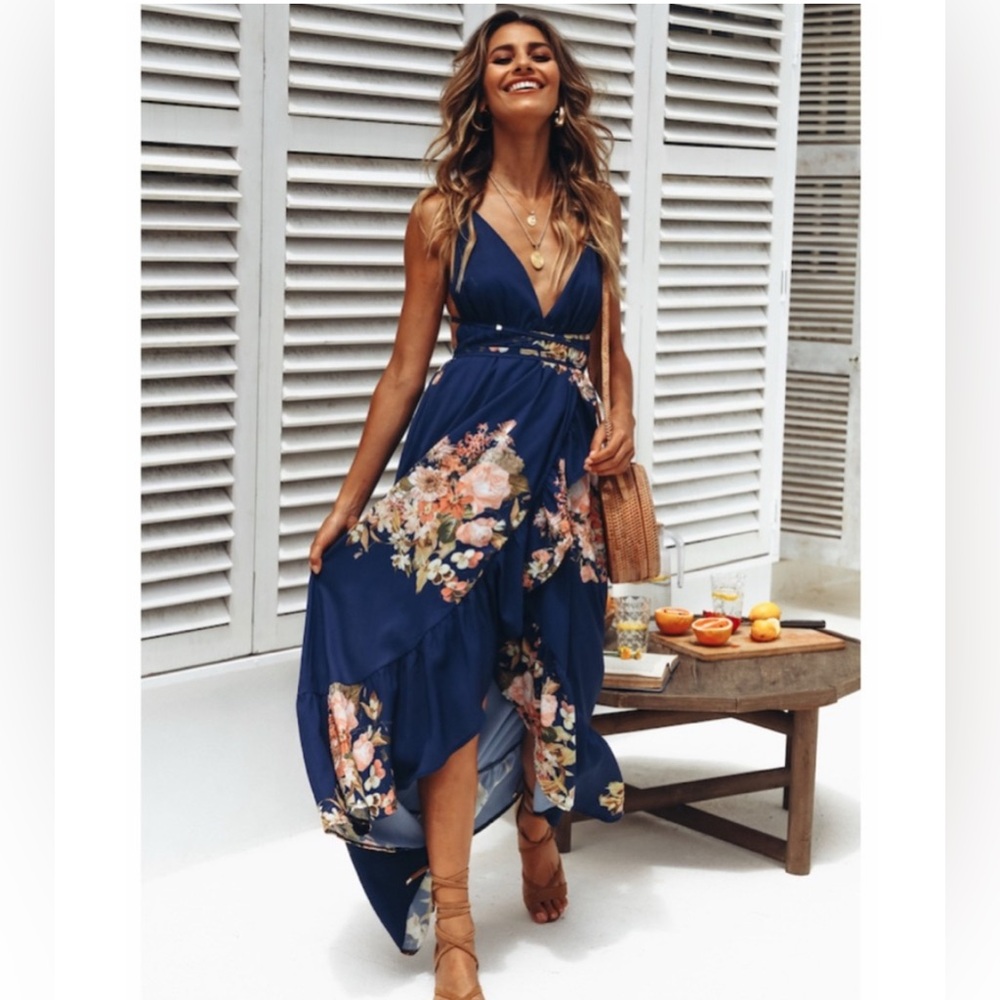 Hello Molly Seattle Love Navy Floral Hawaii Maxi Dress XS New
